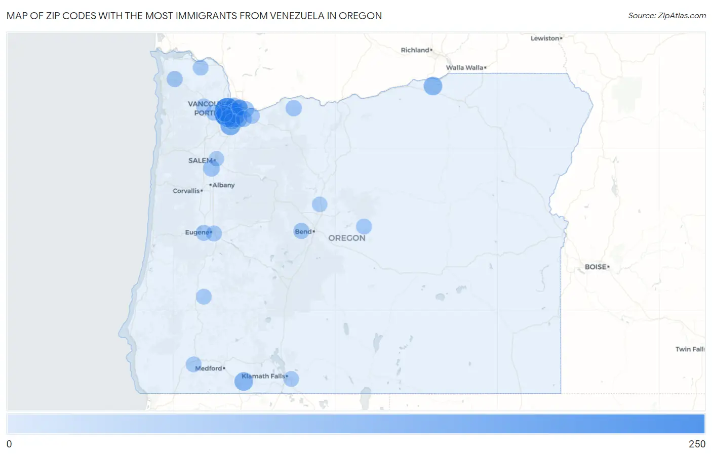Zip Codes with the Most Immigrants from Venezuela in Oregon Map