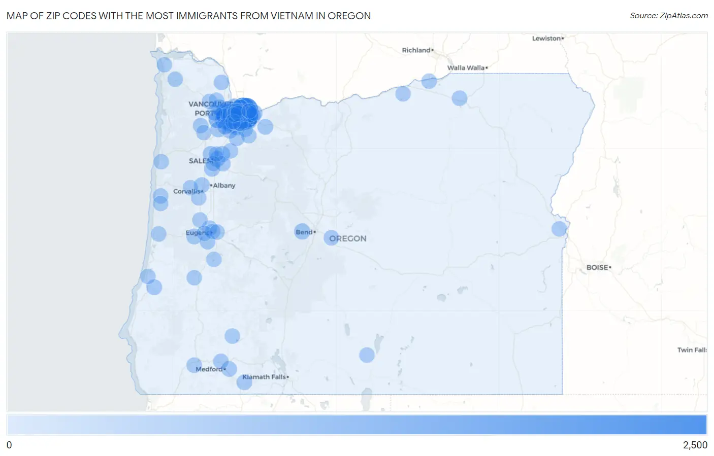 Zip Codes with the Most Immigrants from Vietnam in Oregon Map