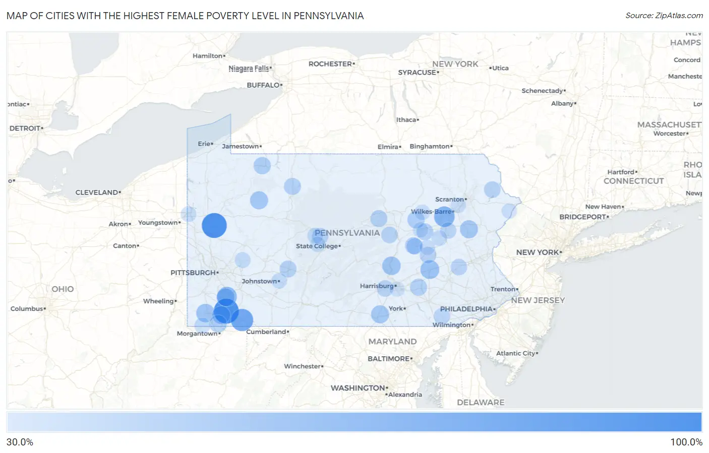 Cities with the Highest Female Poverty Level in Pennsylvania Map