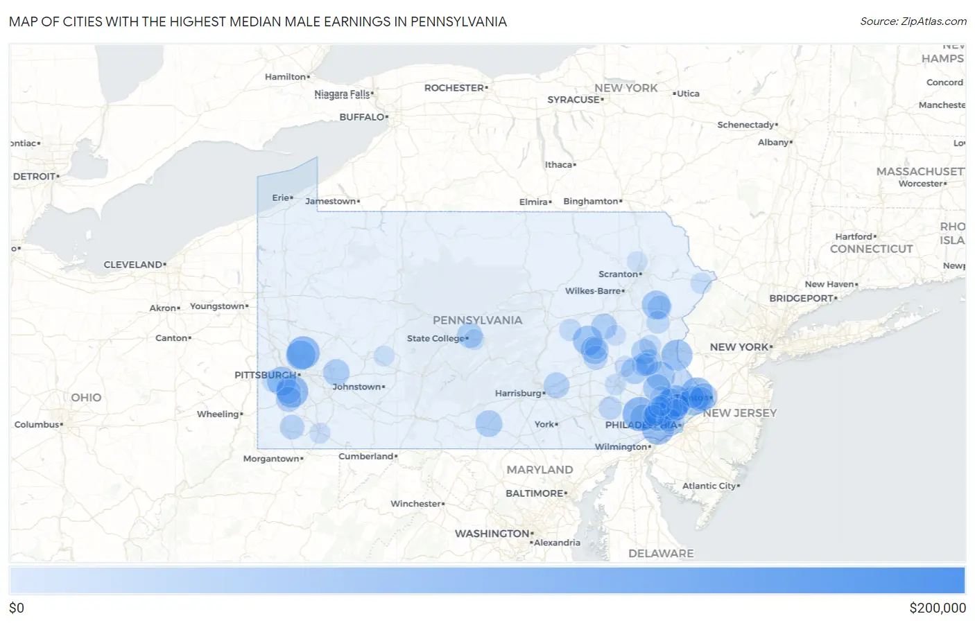 Cities with the Highest Median Male Earnings in Pennsylvania Map