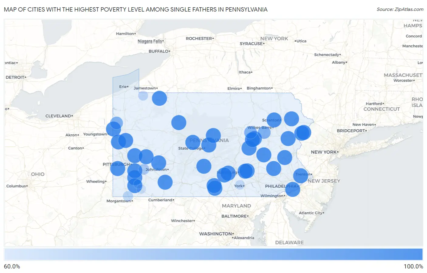Cities with the Highest Poverty Level Among Single Fathers in Pennsylvania Map