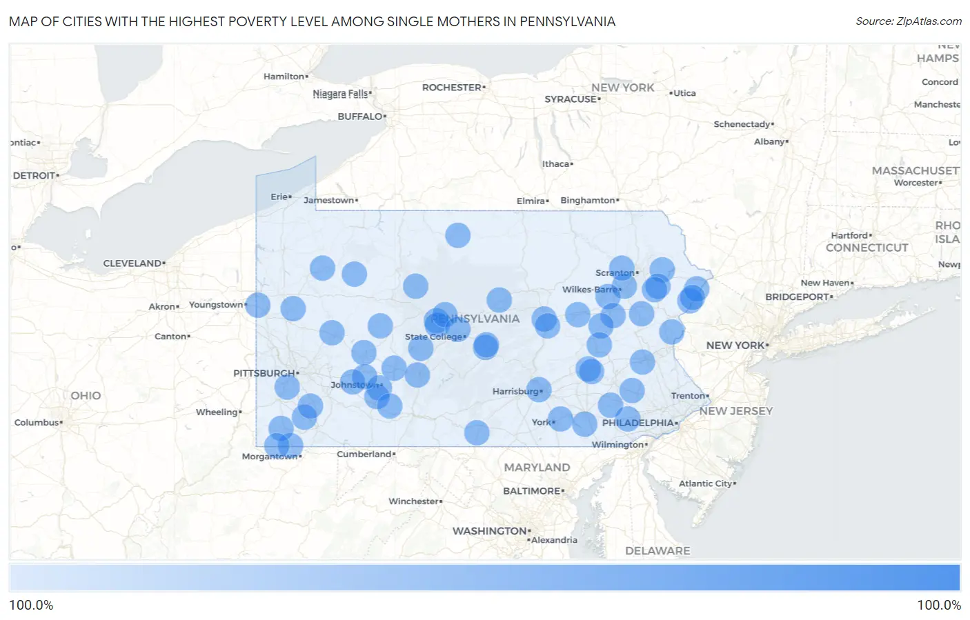 Cities with the Highest Poverty Level Among Single Mothers in Pennsylvania Map