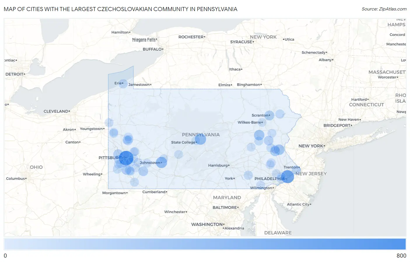 Cities with the Largest Czechoslovakian Community in Pennsylvania Map