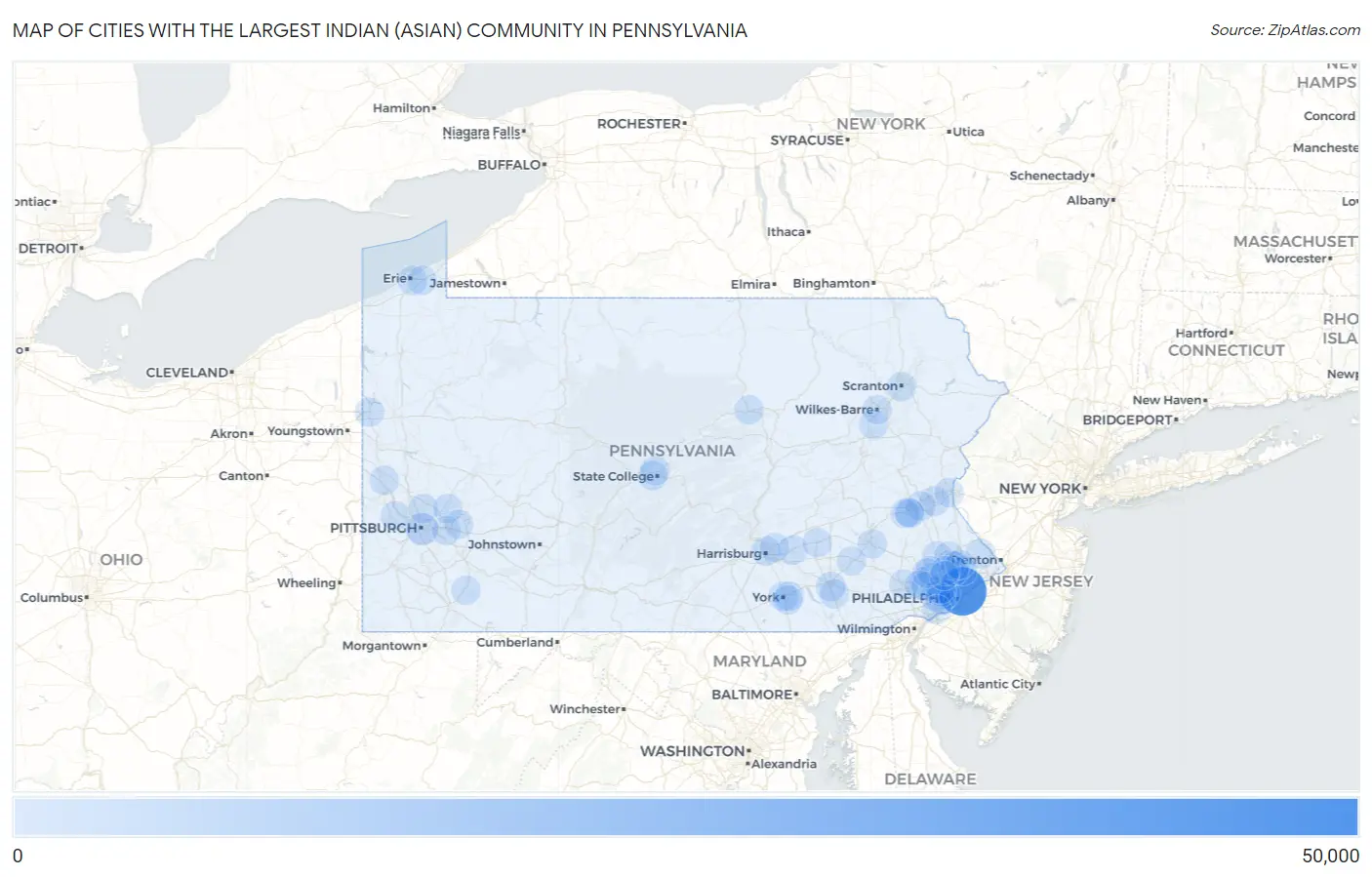 Cities with the Largest Indian (Asian) Community in Pennsylvania Map