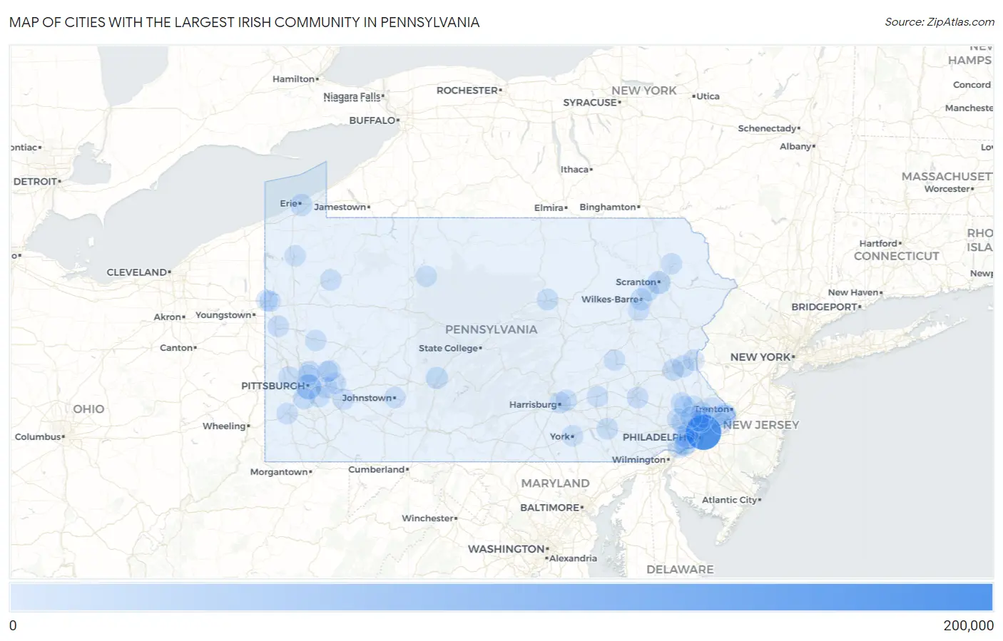 Cities with the Largest Irish Community in Pennsylvania Map
