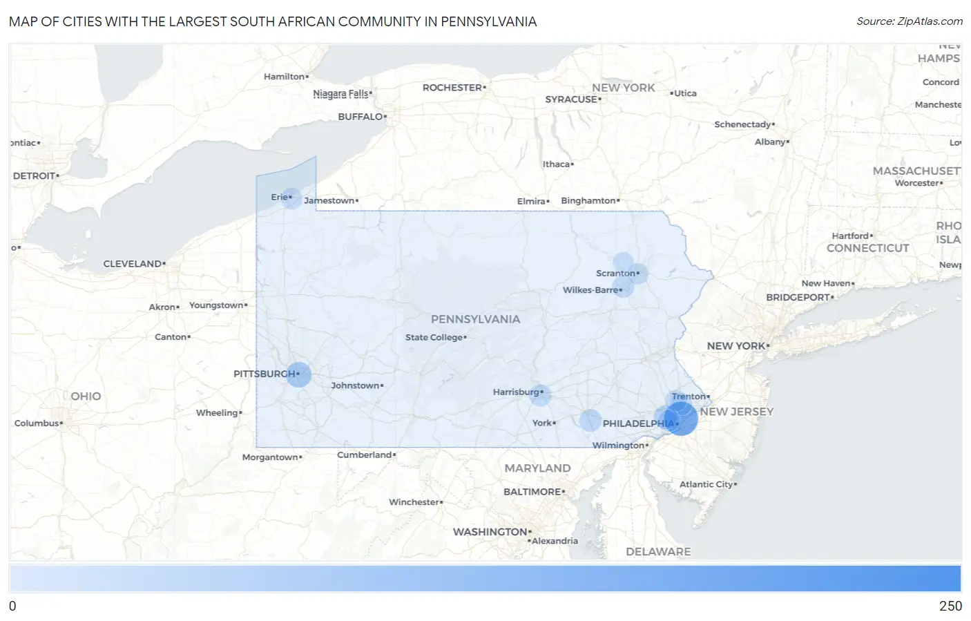 Cities with the Largest South African Community in Pennsylvania Map