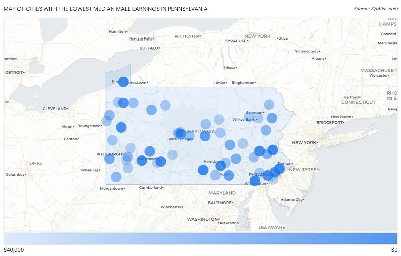 Cities with the Lowest Median Male Earnings in Pennsylvania Map