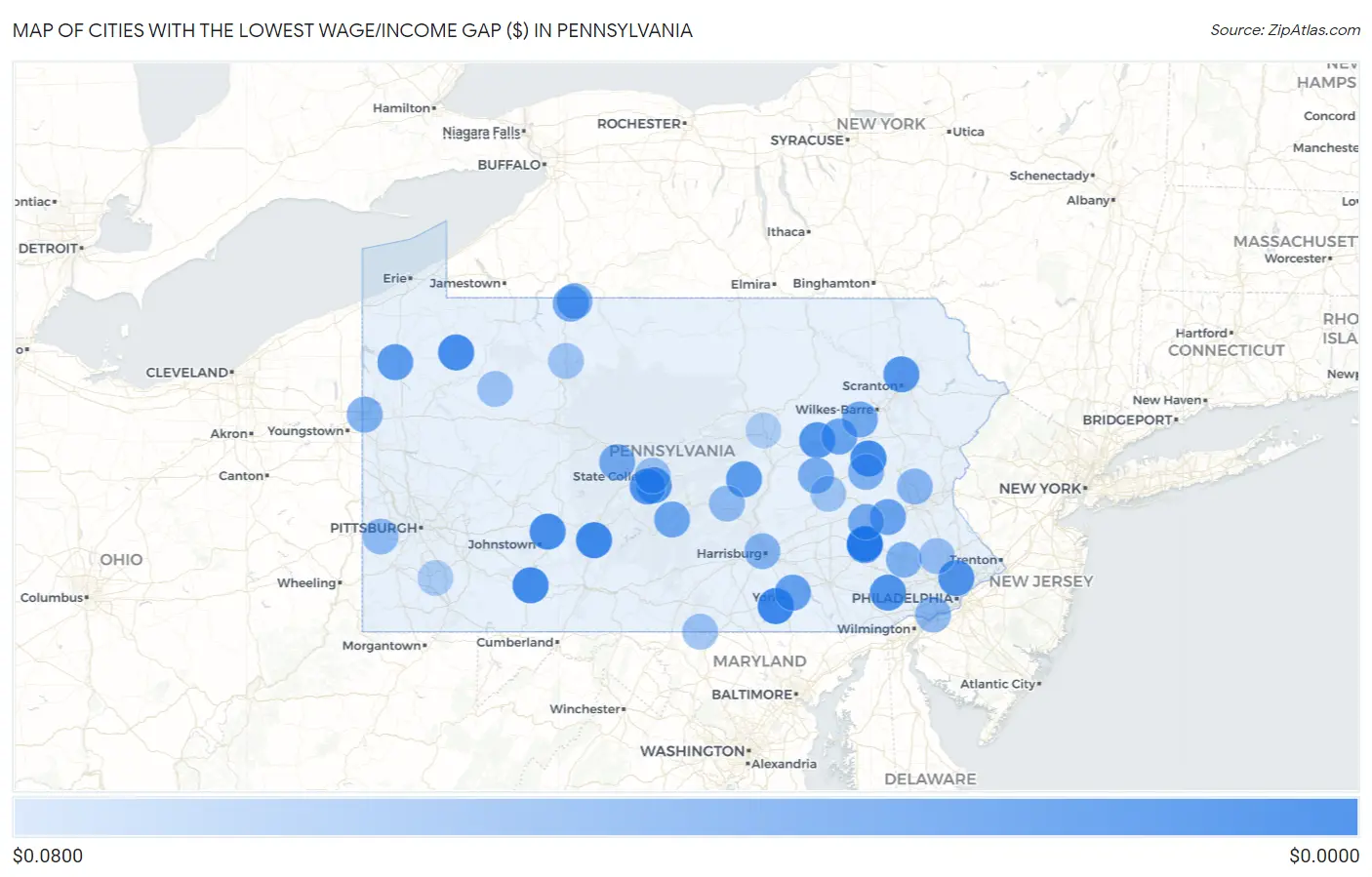 Cities with the Lowest Wage/Income Gap ($) in Pennsylvania Map