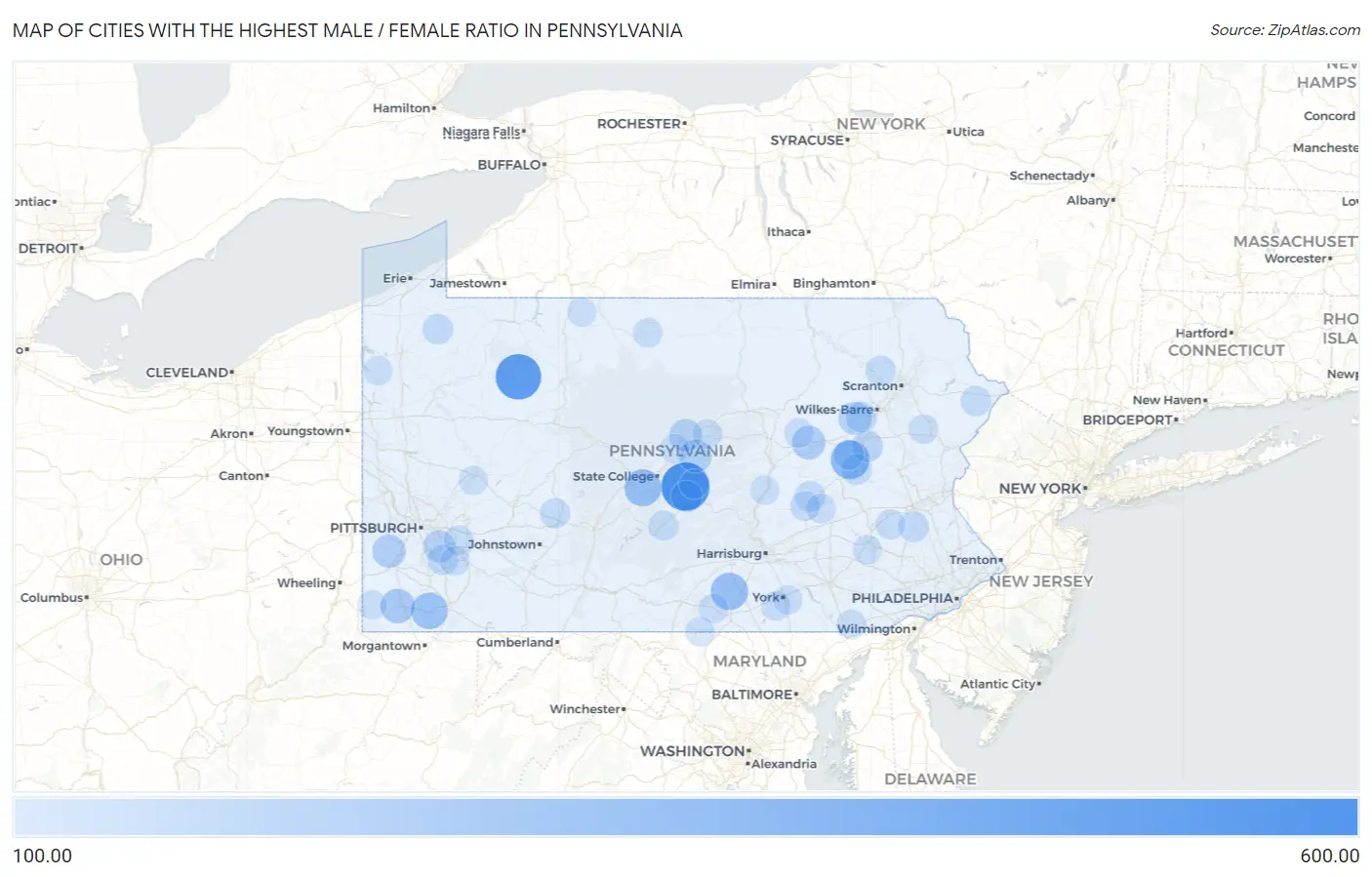 Cities with the Highest Male / Female Ratio in Pennsylvania Map