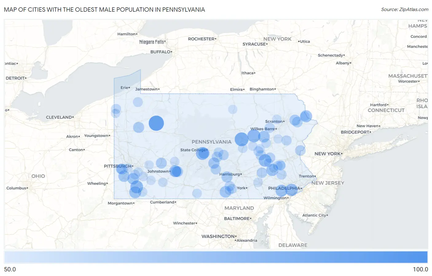 Cities with the Oldest Male Population in Pennsylvania Map