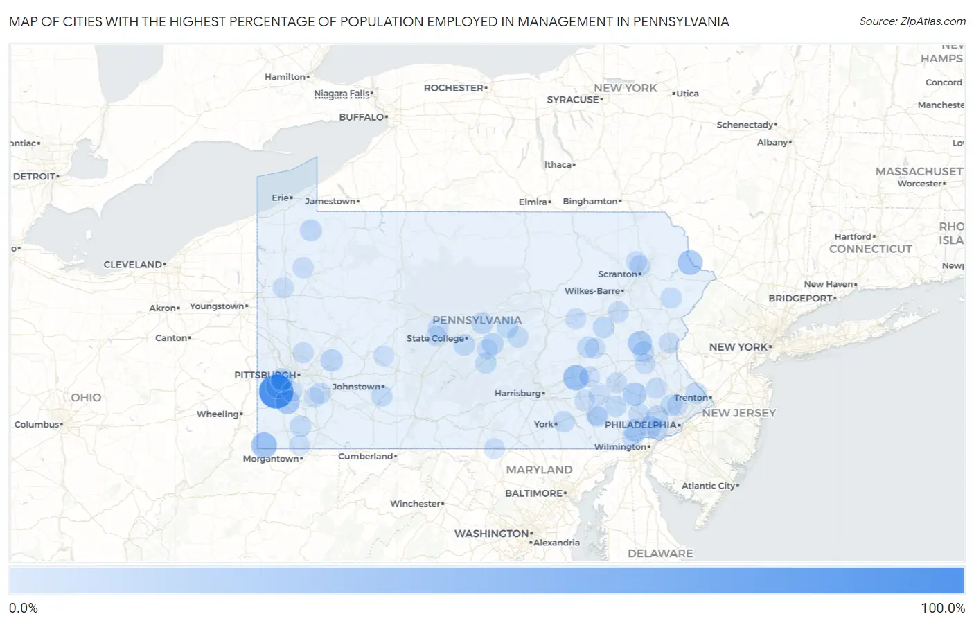 Cities with the Highest Percentage of Population Employed in Management in Pennsylvania Map