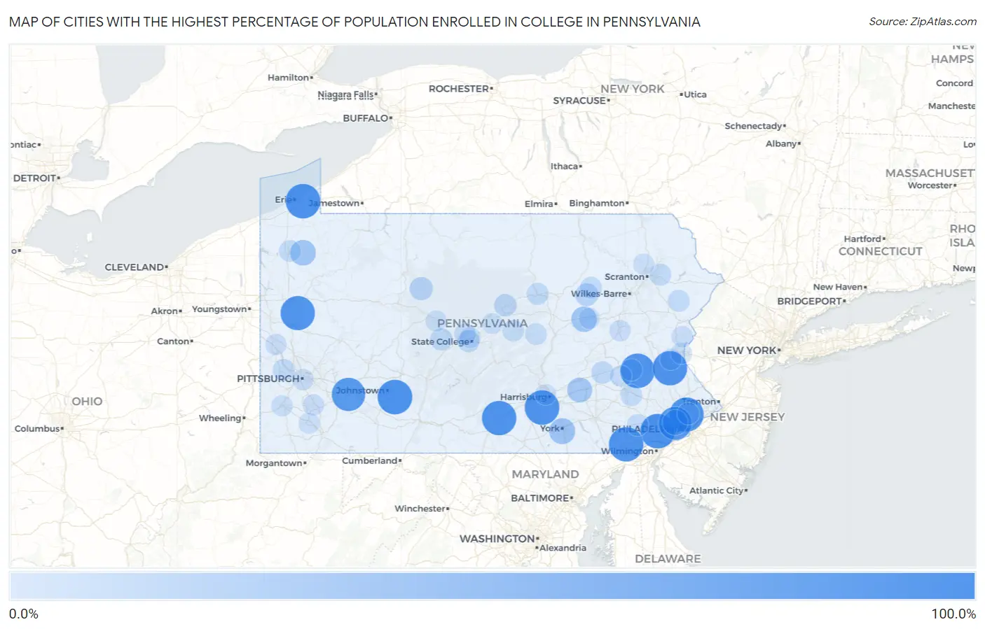 Cities with the Highest Percentage of Population Enrolled in College in Pennsylvania Map