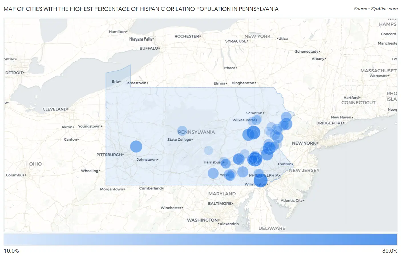 Cities with the Highest Percentage of Hispanic or Latino Population in Pennsylvania Map