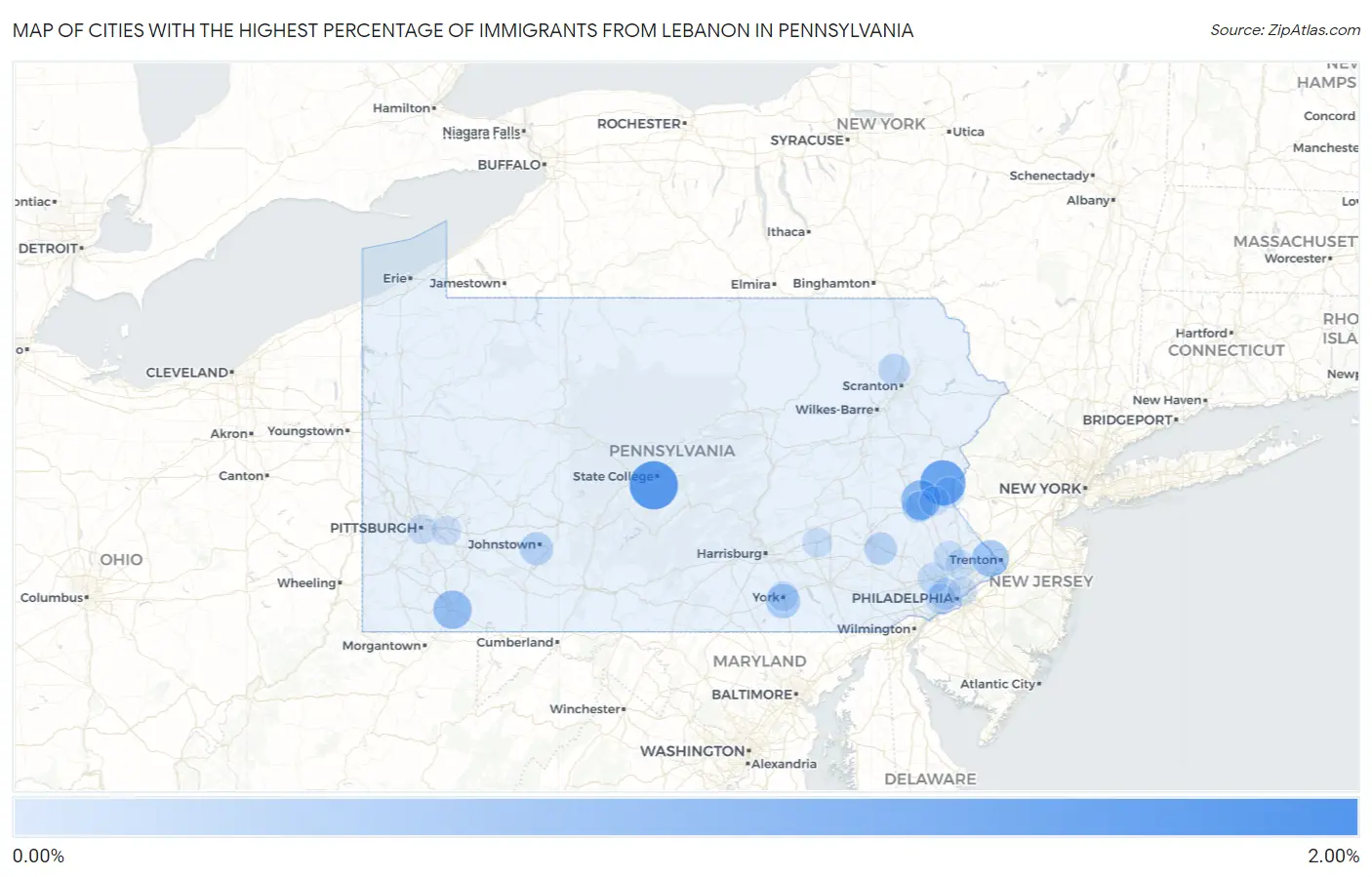 Cities with the Highest Percentage of Immigrants from Lebanon in Pennsylvania Map