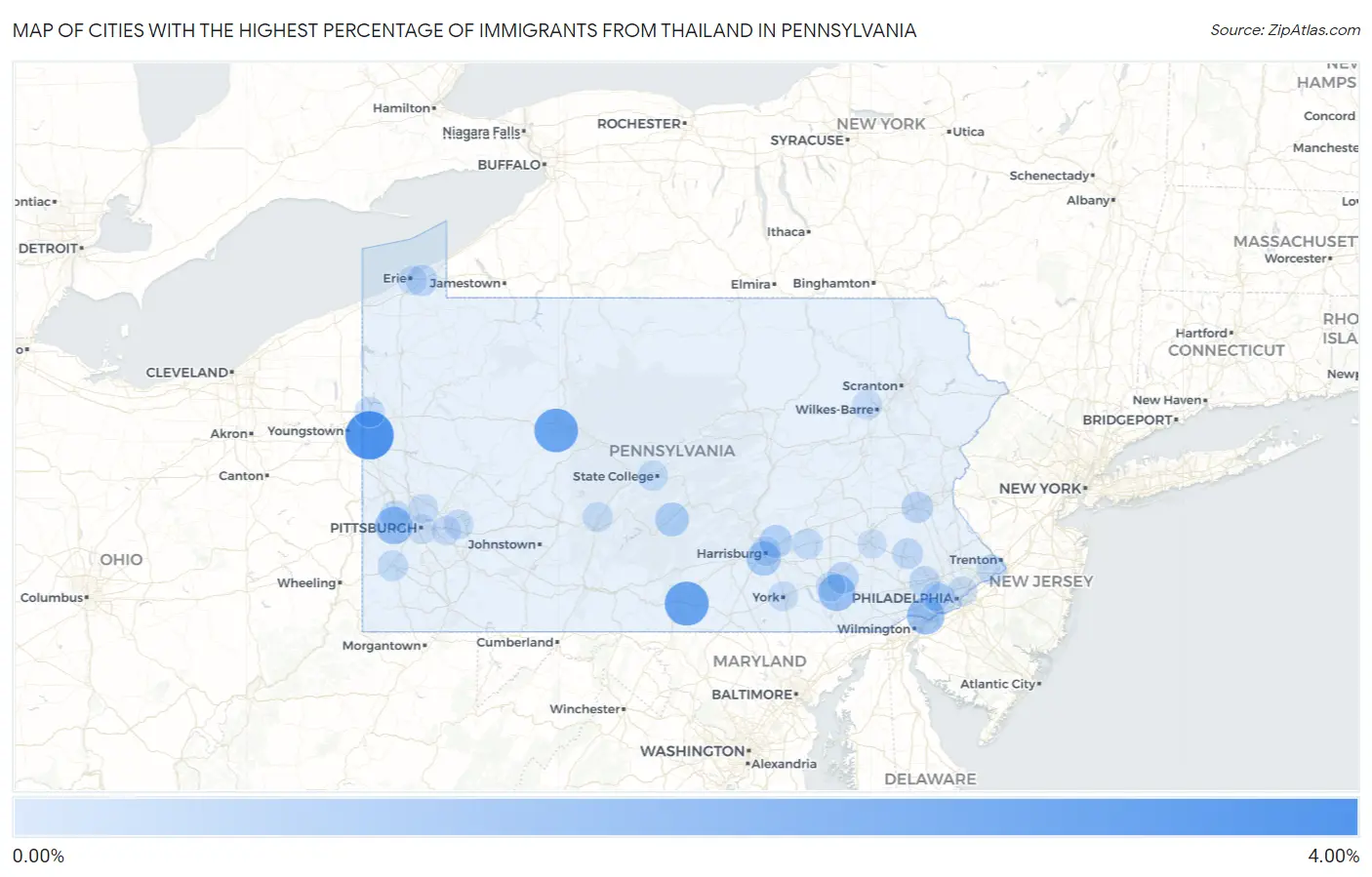 Cities with the Highest Percentage of Immigrants from Thailand in Pennsylvania Map