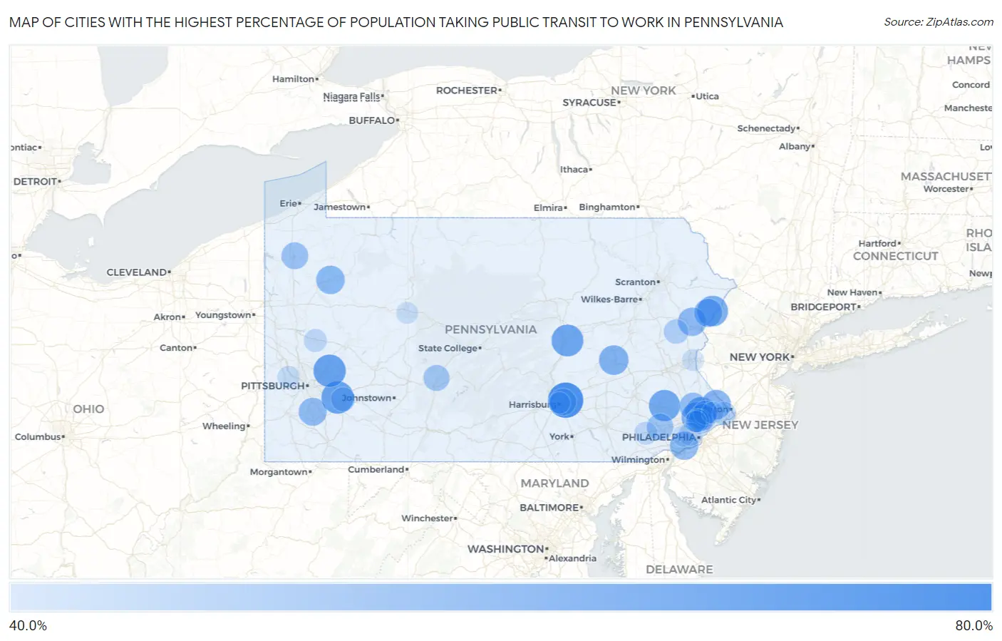 Cities with the Highest Percentage of Population Taking Public Transit to Work in Pennsylvania Map
