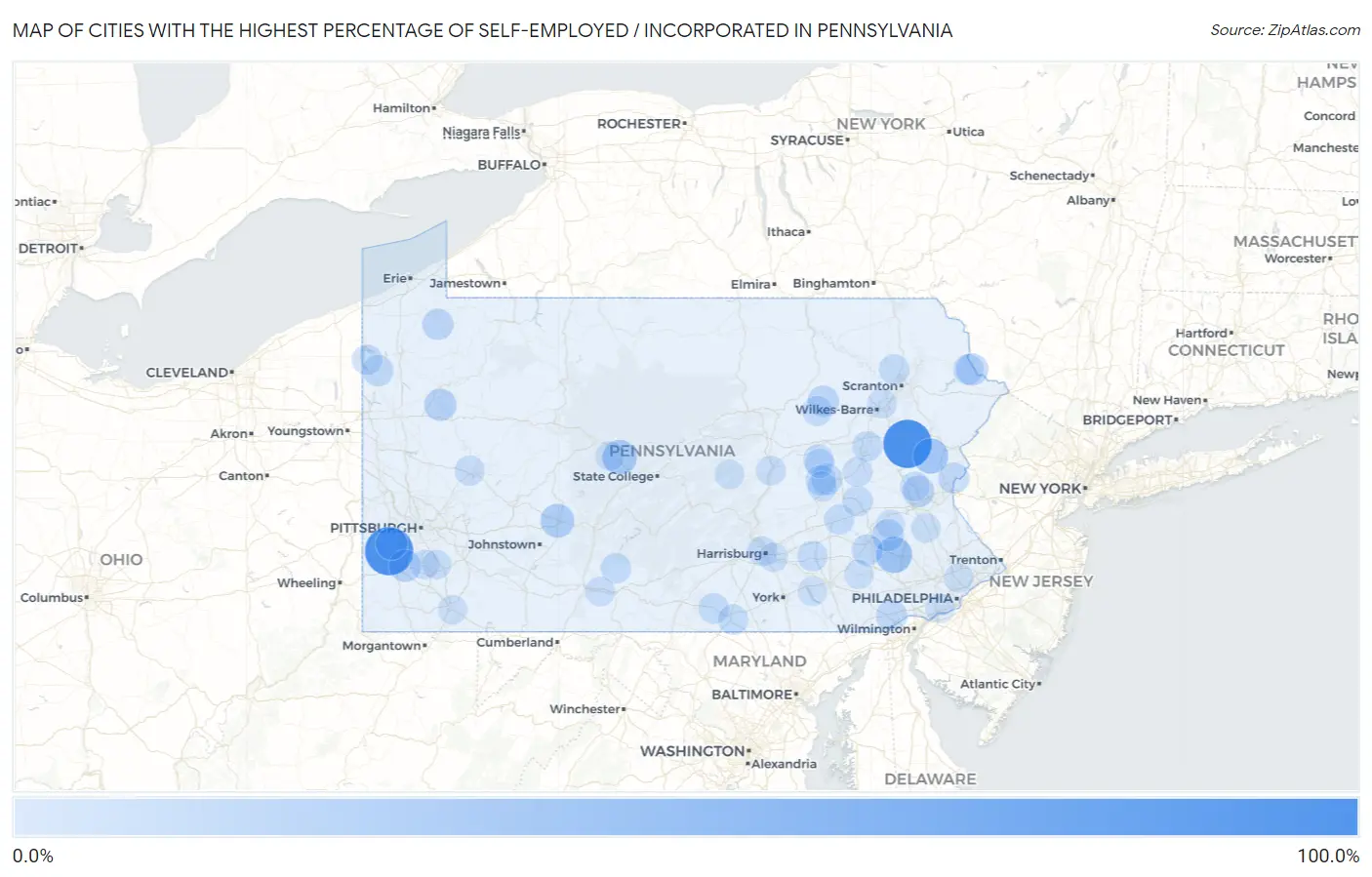 Cities with the Highest Percentage of Self-Employed / Incorporated in Pennsylvania Map