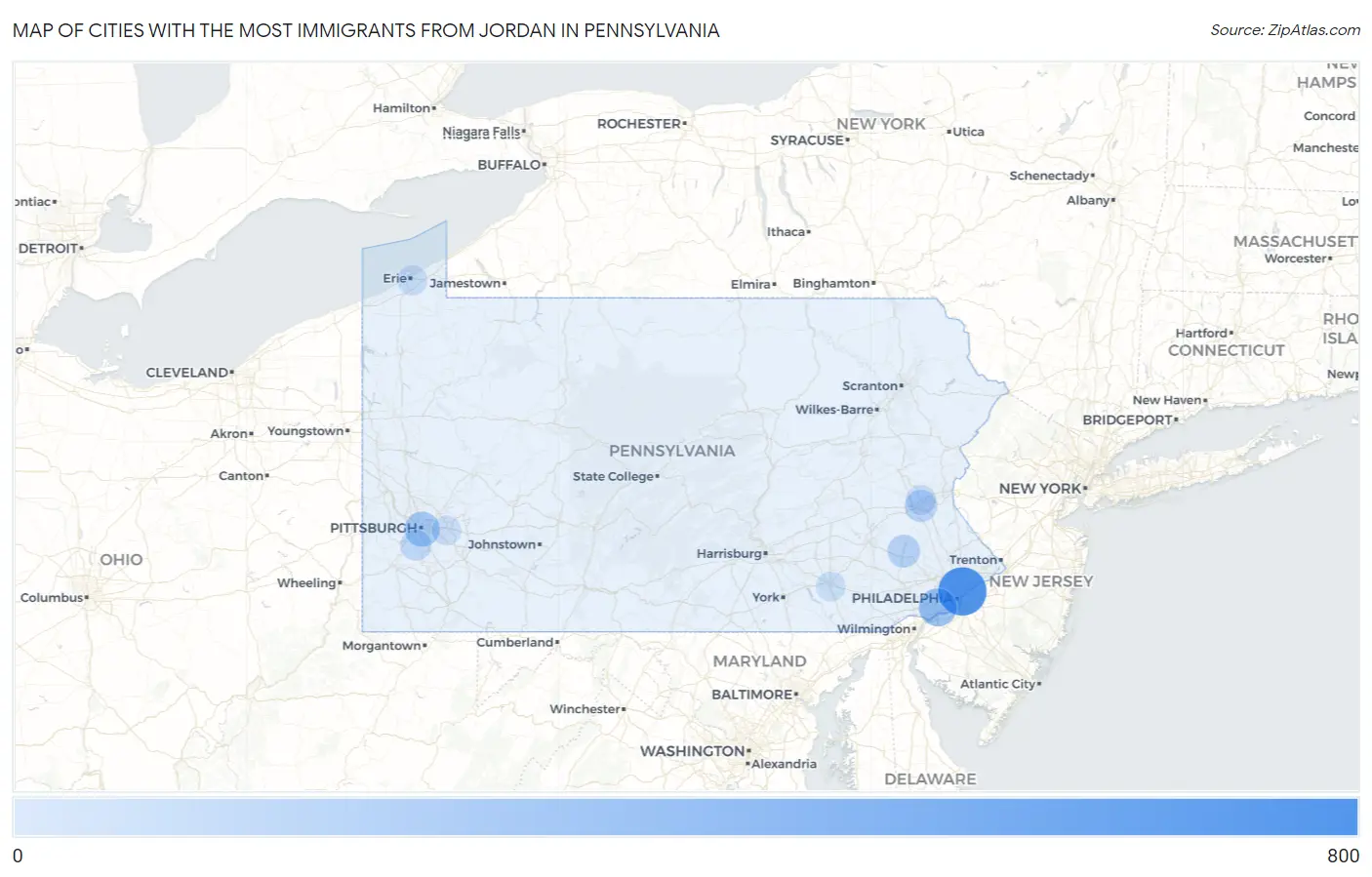 Cities with the Most Immigrants from Jordan in Pennsylvania Map