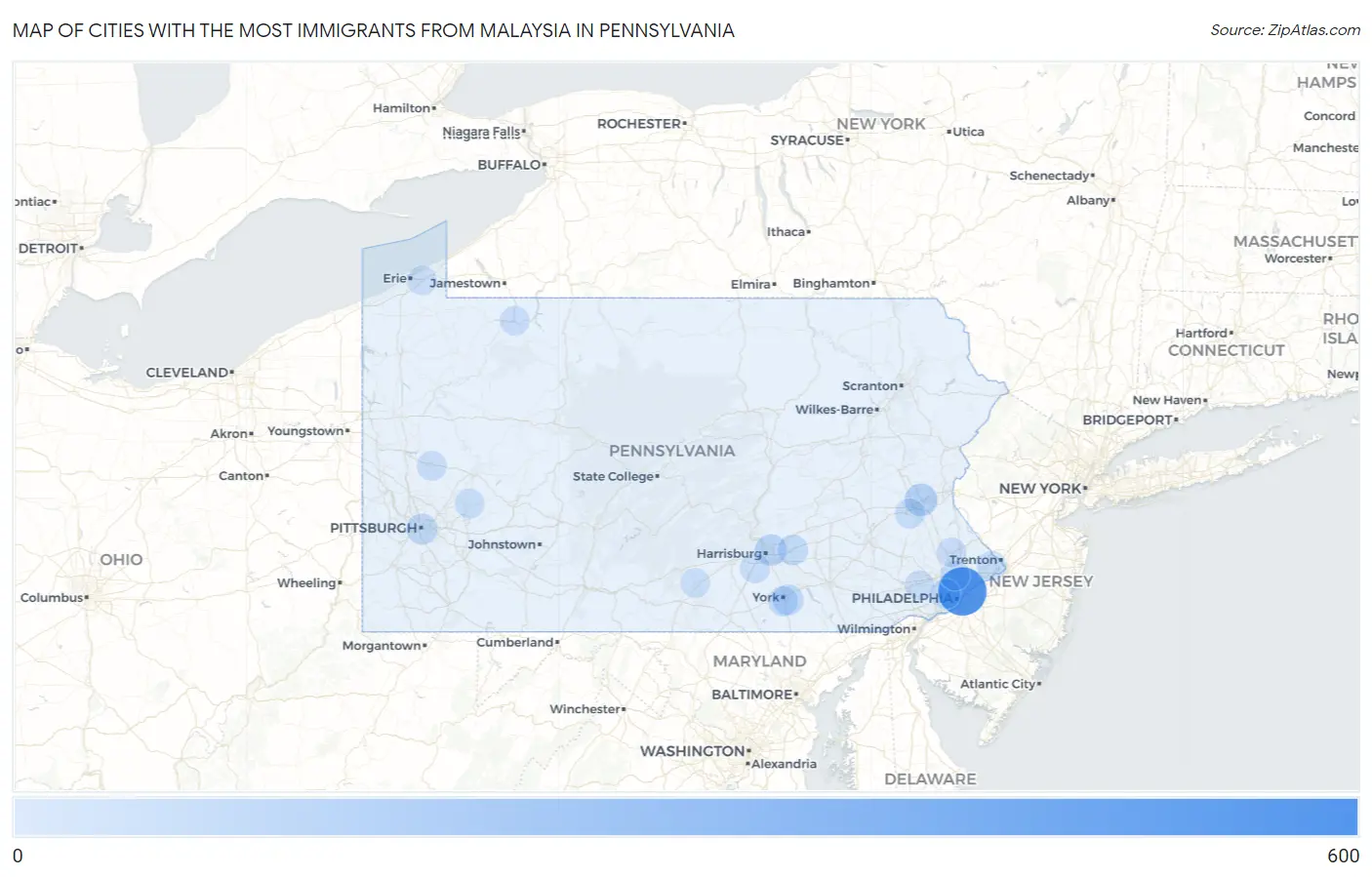 Cities with the Most Immigrants from Malaysia in Pennsylvania Map