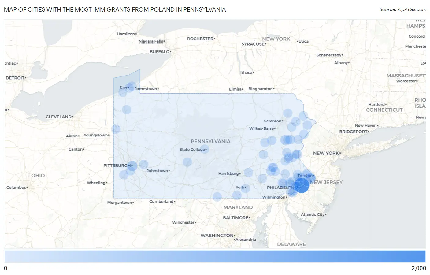 Cities with the Most Immigrants from Poland in Pennsylvania Map