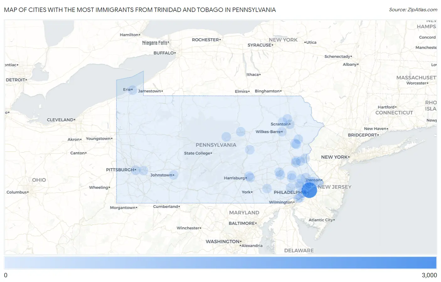 Cities with the Most Immigrants from Trinidad and Tobago in Pennsylvania Map
