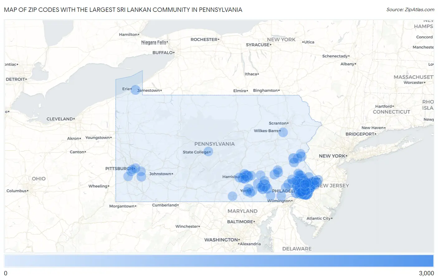 Zip Codes with the Largest Sri Lankan Community in Pennsylvania Map