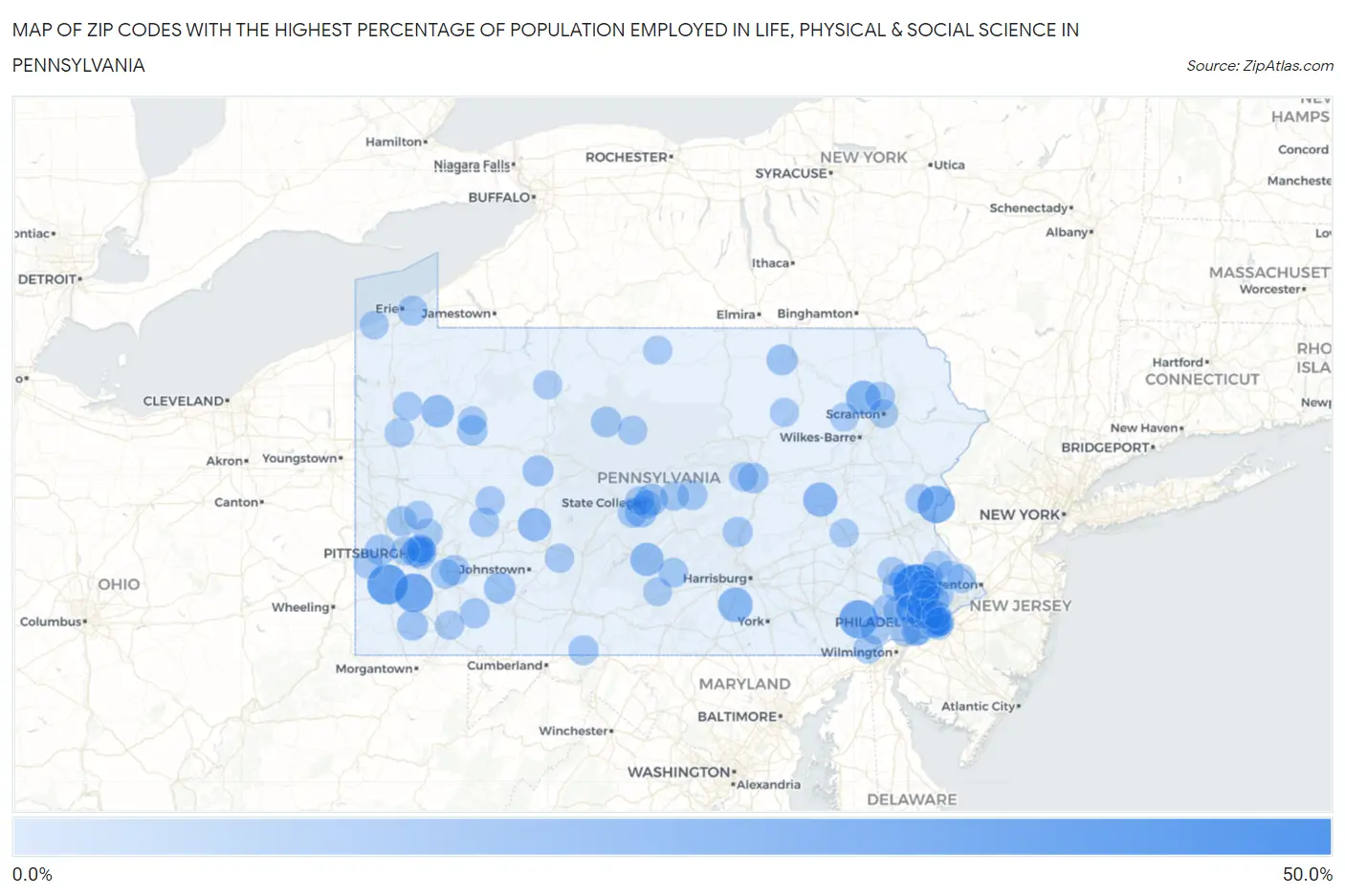 Zip Codes with the Highest Percentage of Population Employed in Life, Physical & Social Science in Pennsylvania Map