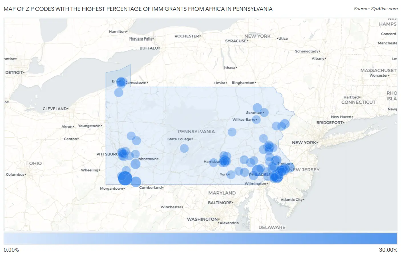 Zip Codes with the Highest Percentage of Immigrants from Africa in Pennsylvania Map