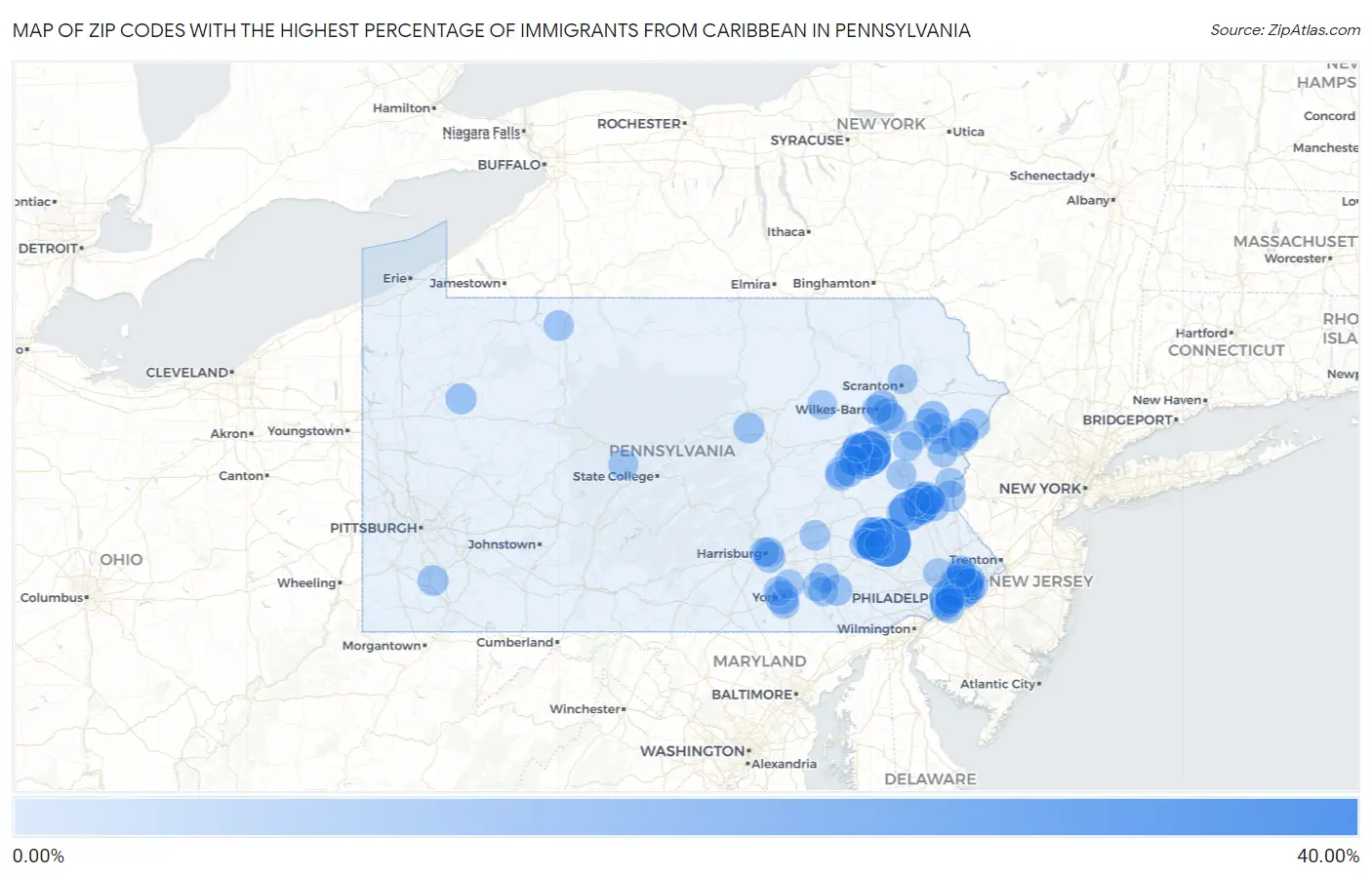 Zip Codes with the Highest Percentage of Immigrants from Caribbean in Pennsylvania Map