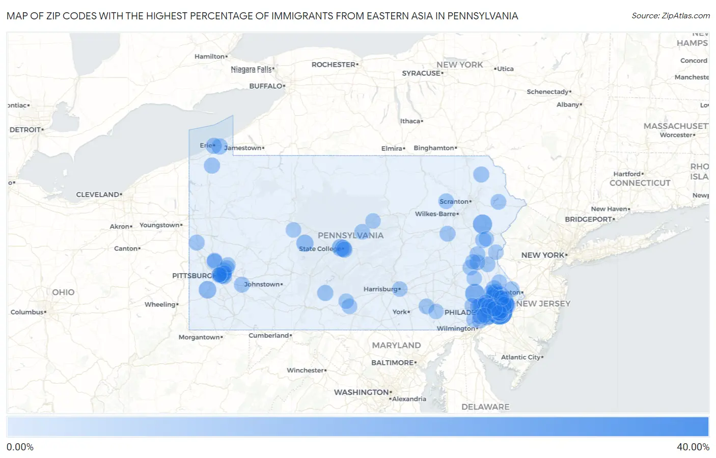 Zip Codes with the Highest Percentage of Immigrants from Eastern Asia in Pennsylvania Map