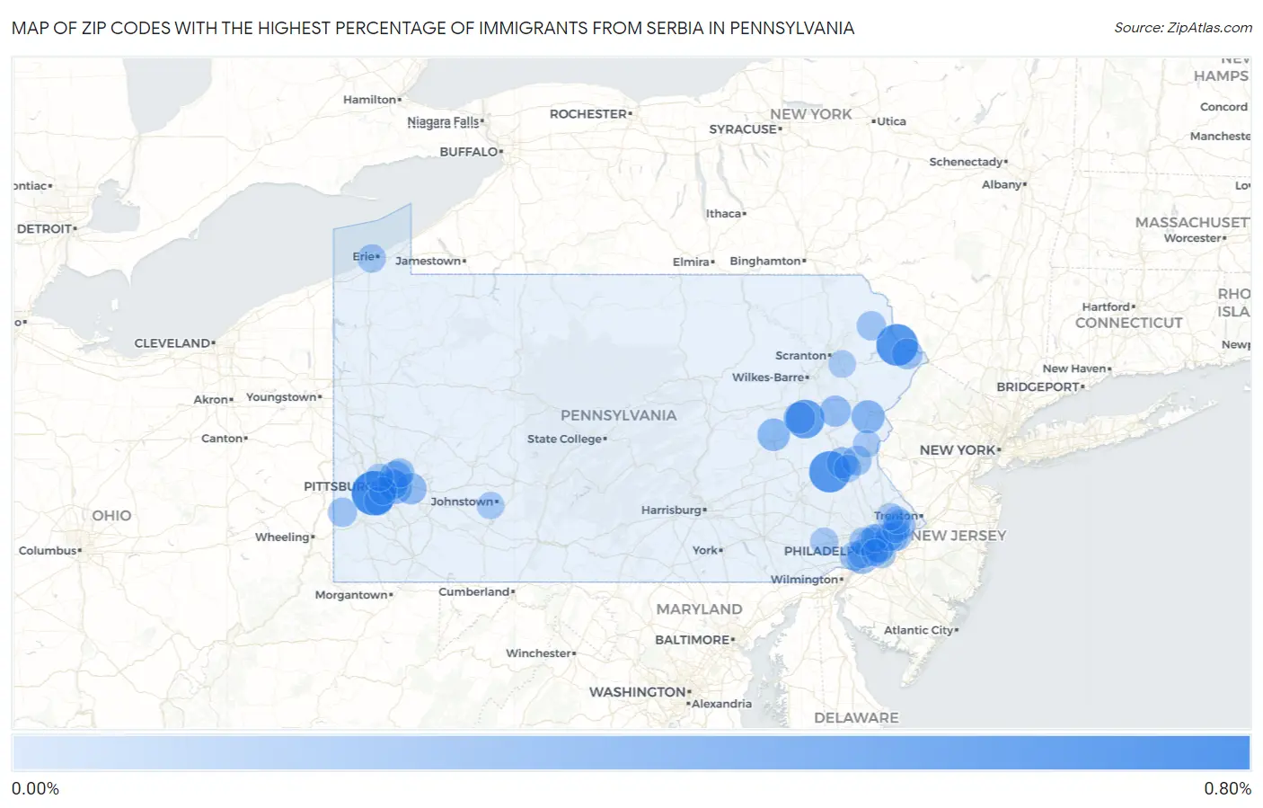 Zip Codes with the Highest Percentage of Immigrants from Serbia in Pennsylvania Map