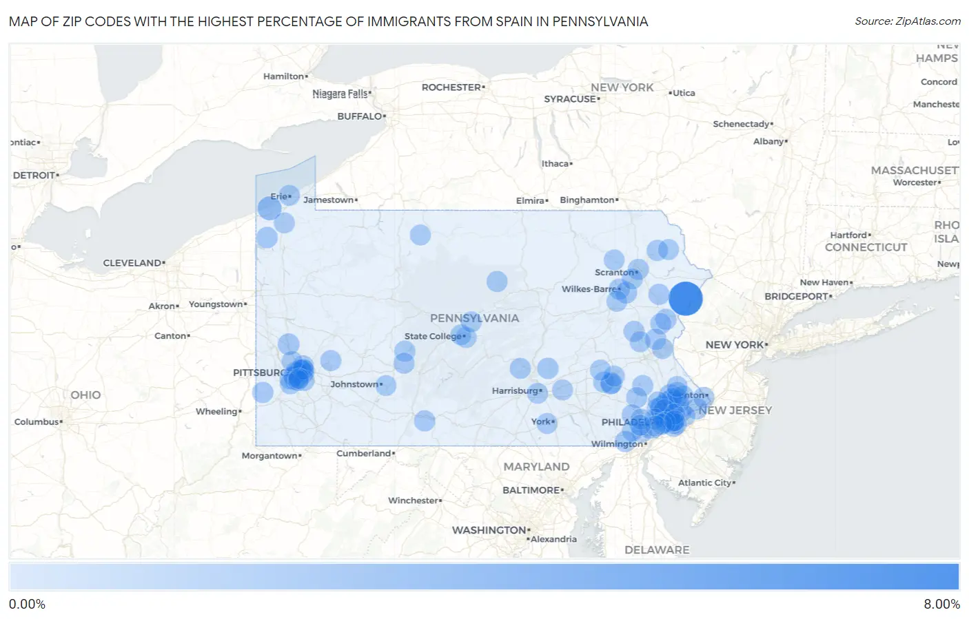 Zip Codes with the Highest Percentage of Immigrants from Spain in Pennsylvania Map