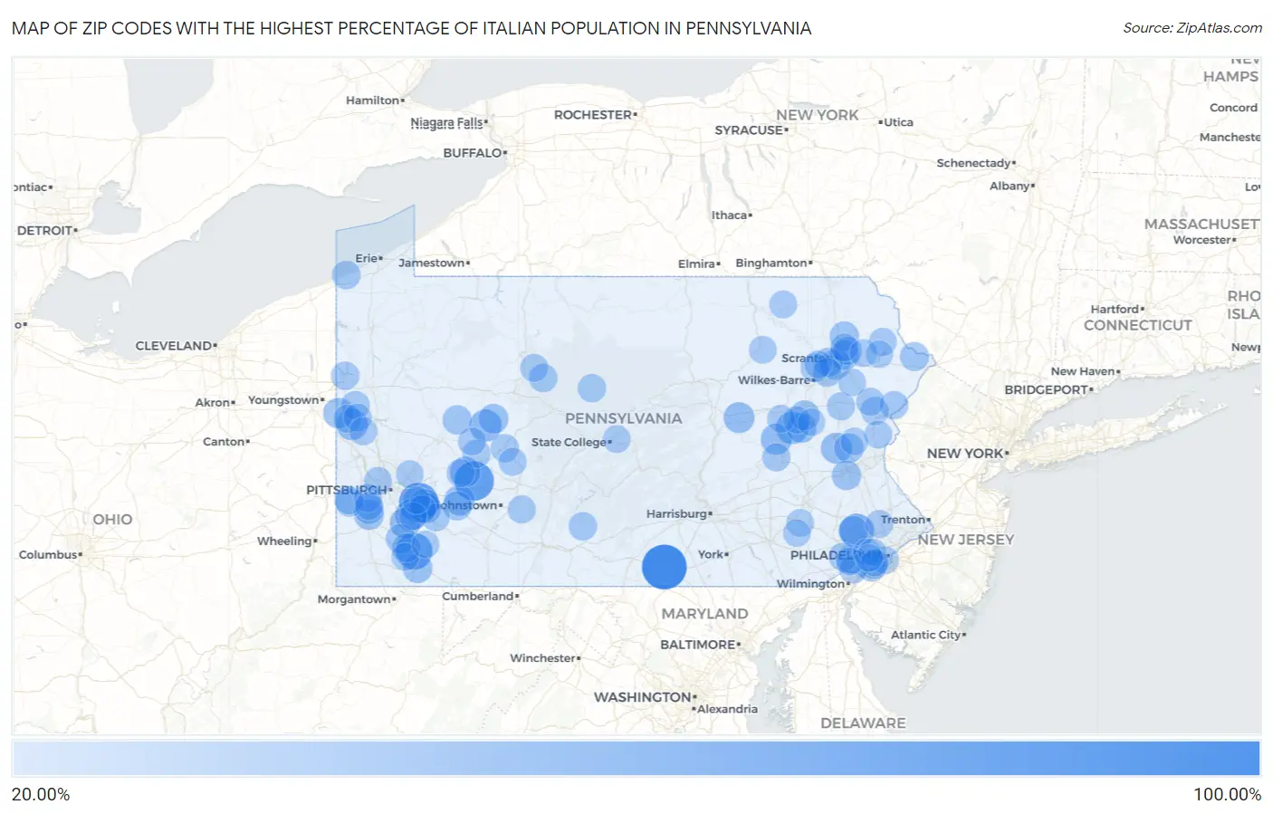 Zip Codes with the Highest Percentage of Italian Population in Pennsylvania Map