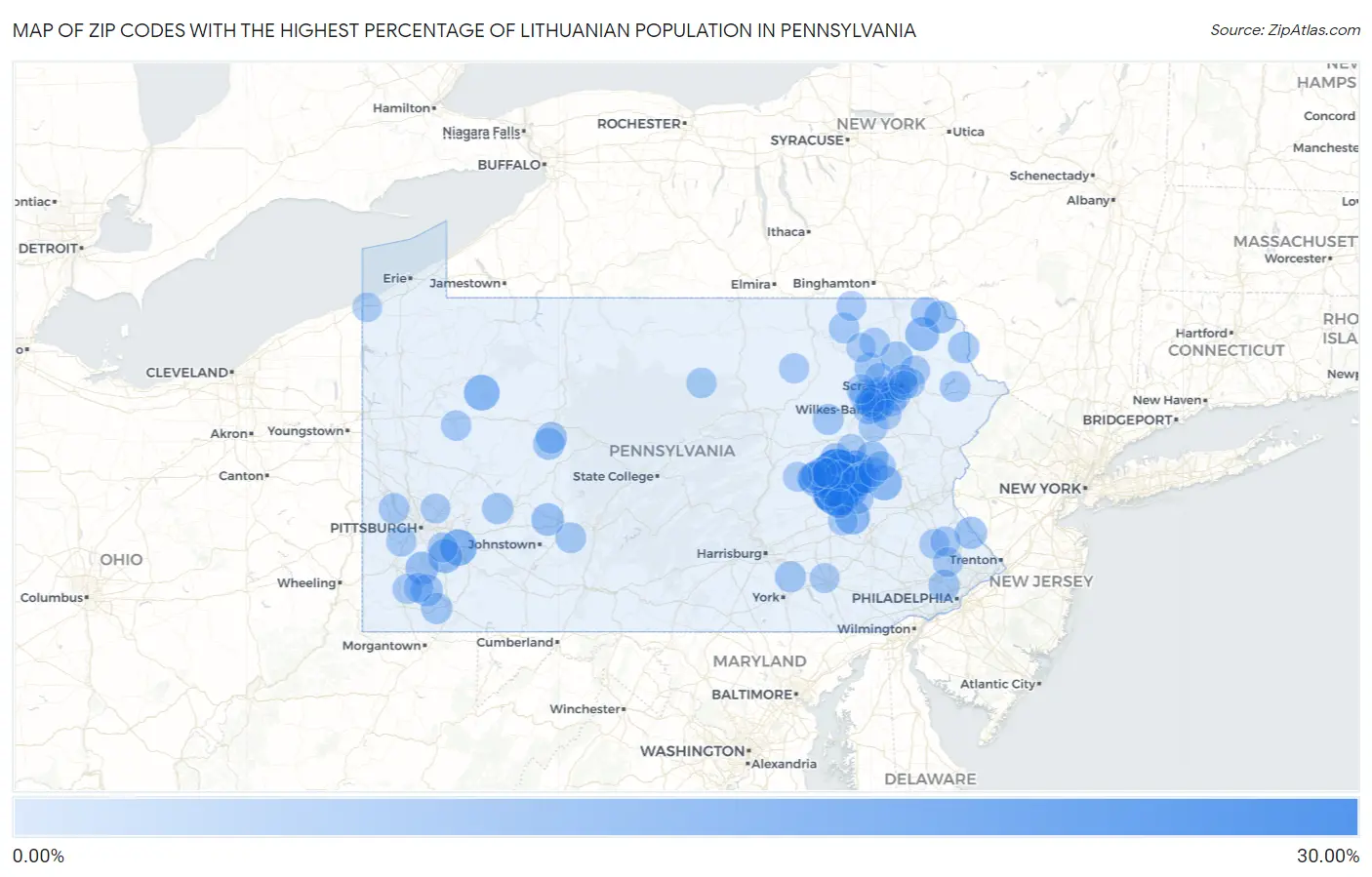 Zip Codes with the Highest Percentage of Lithuanian Population in Pennsylvania Map