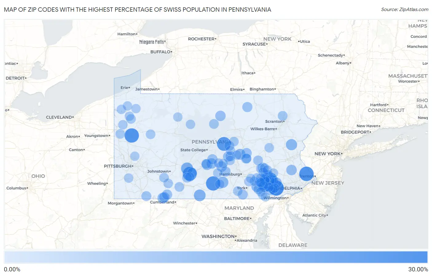 Zip Codes with the Highest Percentage of Swiss Population in Pennsylvania Map