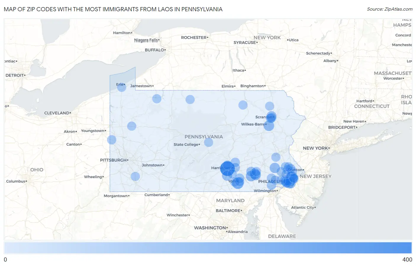 Zip Codes with the Most Immigrants from Laos in Pennsylvania Map