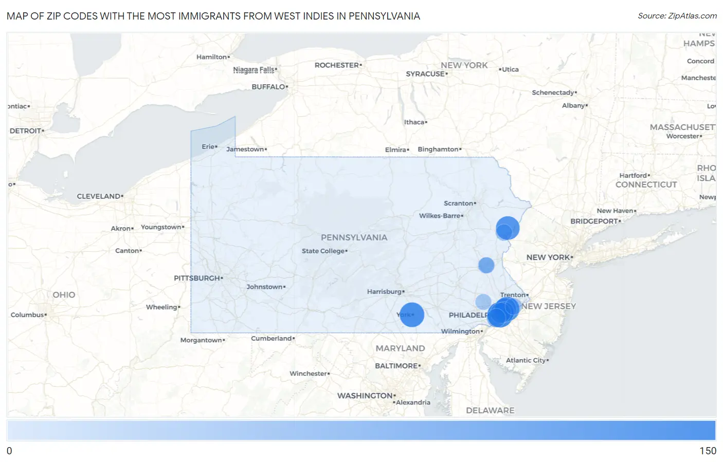 Zip Codes with the Most Immigrants from West Indies in Pennsylvania Map