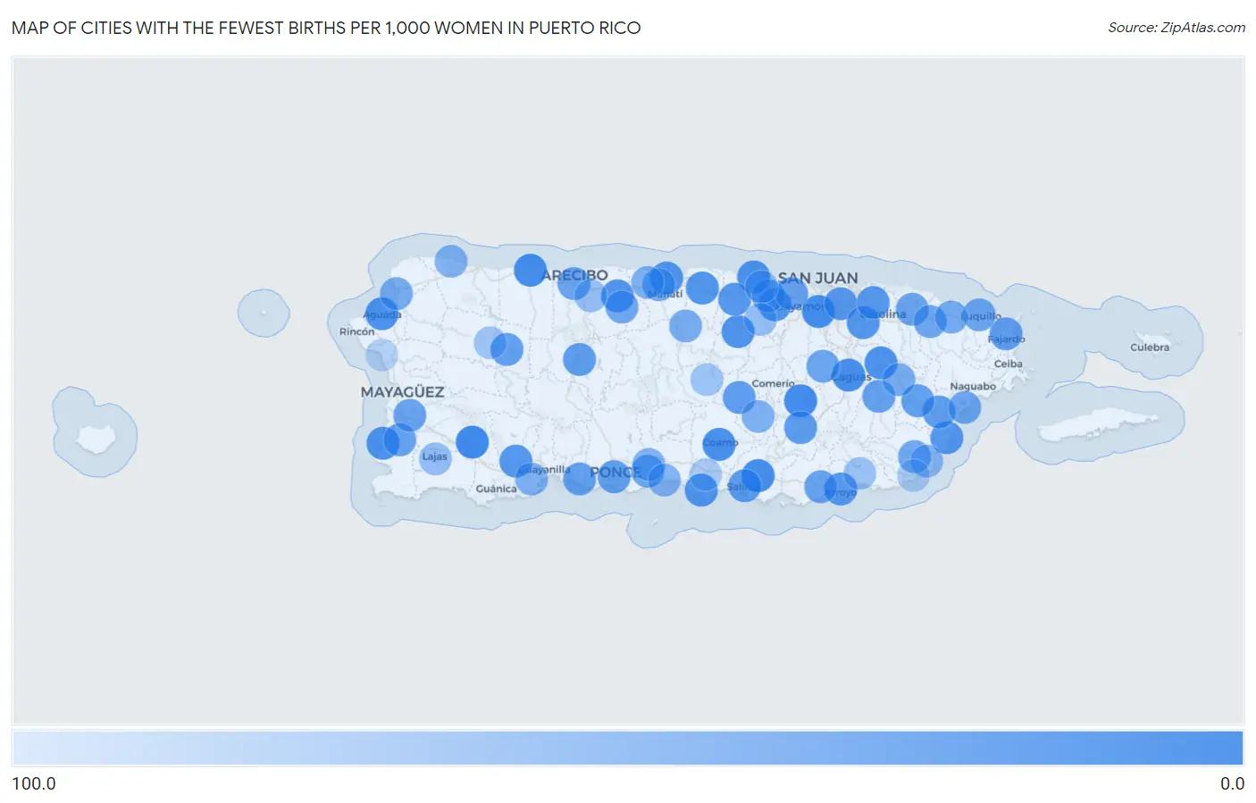 Cities with the Fewest Births per 1,000 Women in Puerto Rico Map