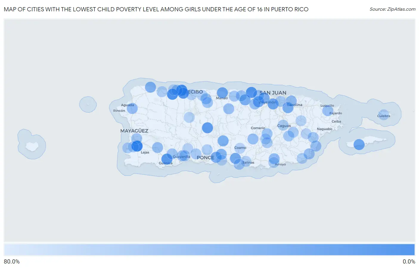 Cities with the Lowest Child Poverty Level Among Girls Under the Age of 16 in Puerto Rico Map