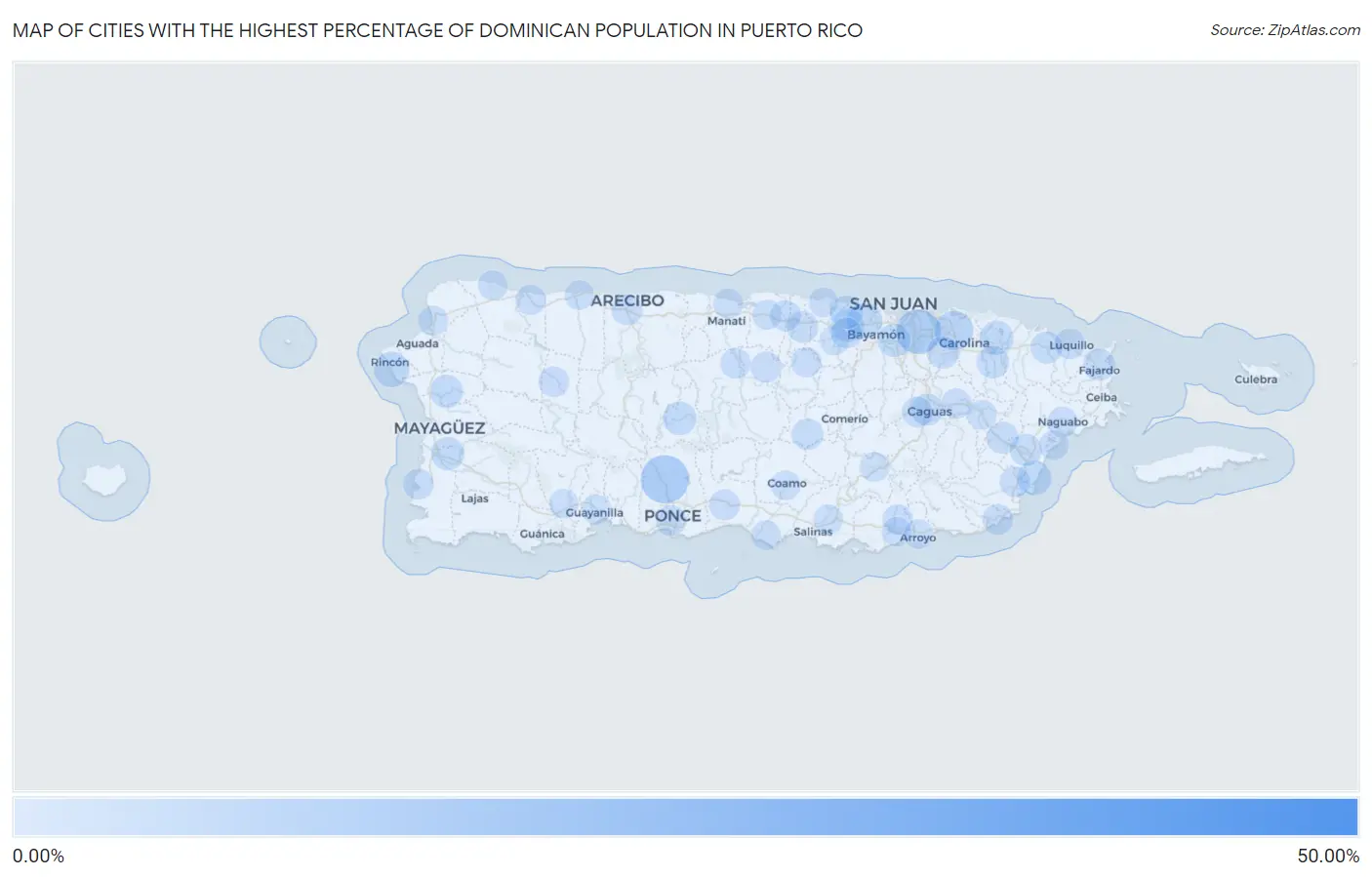 Cities with the Highest Percentage of Dominican Population in Puerto Rico Map