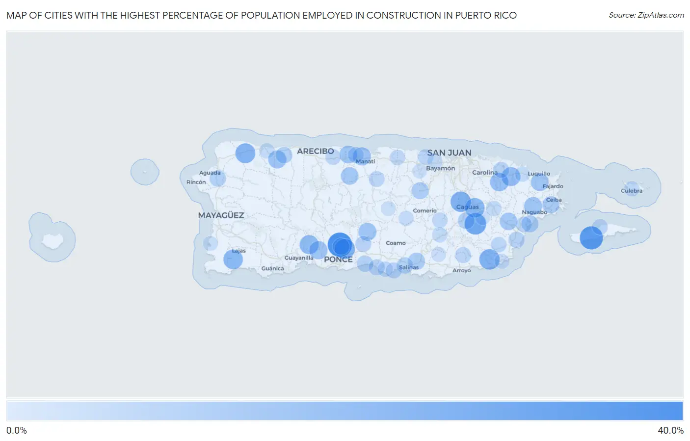 Cities with the Highest Percentage of Population Employed in Construction in Puerto Rico Map