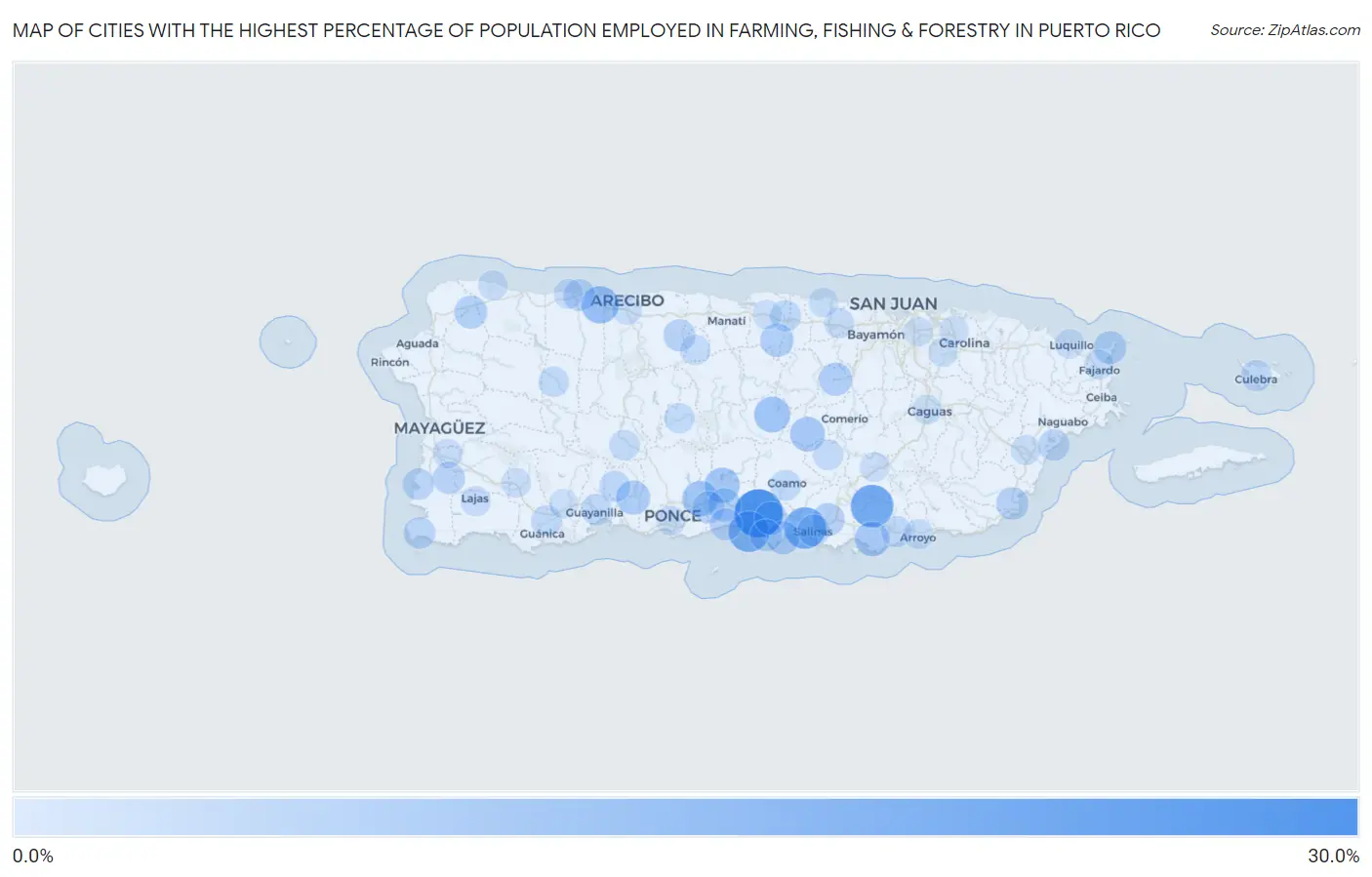 Cities with the Highest Percentage of Population Employed in Farming, Fishing & Forestry in Puerto Rico Map