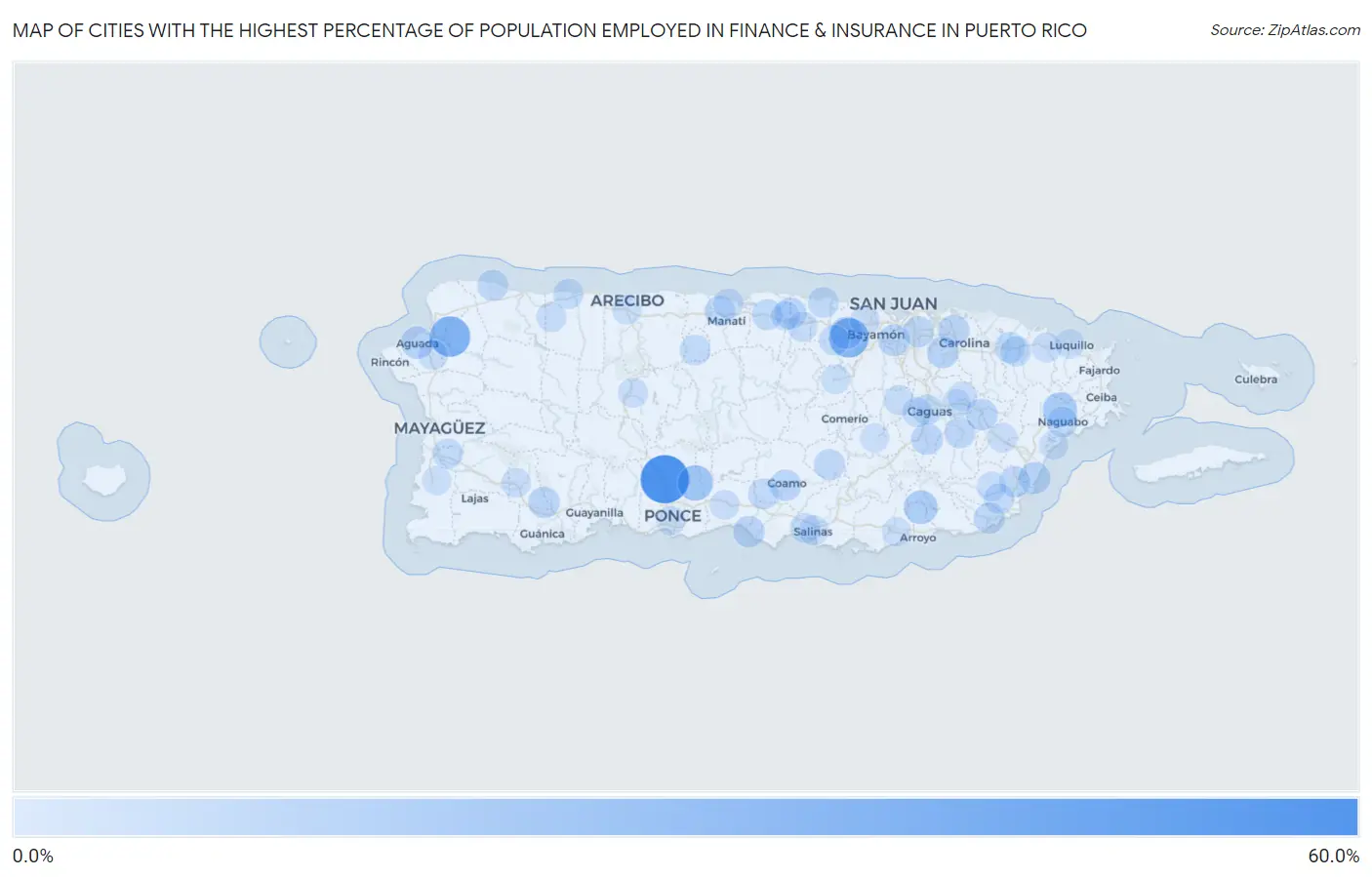 Cities with the Highest Percentage of Population Employed in Finance & Insurance in Puerto Rico Map