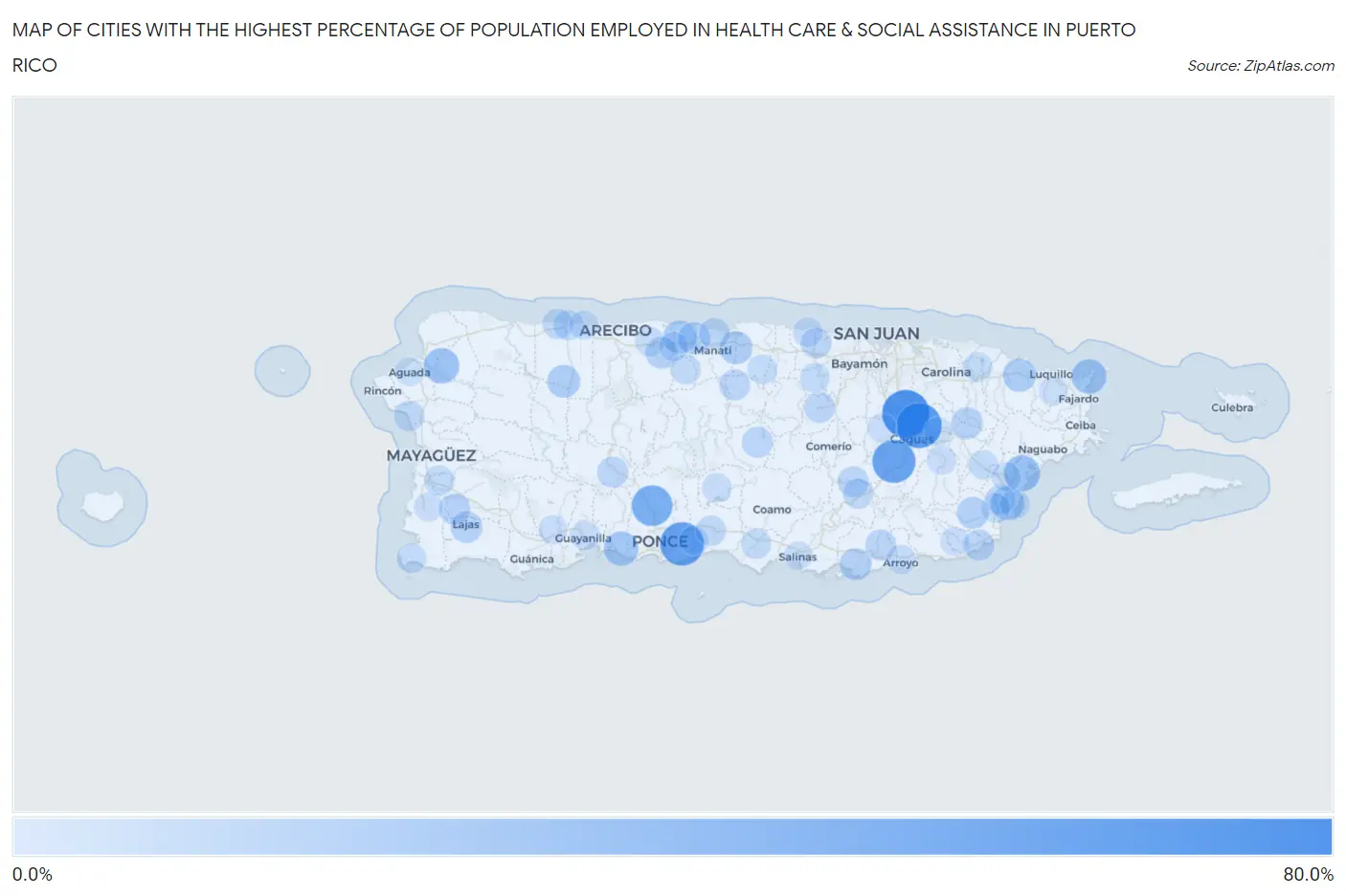 Cities with the Highest Percentage of Population Employed in Health Care & Social Assistance in Puerto Rico Map