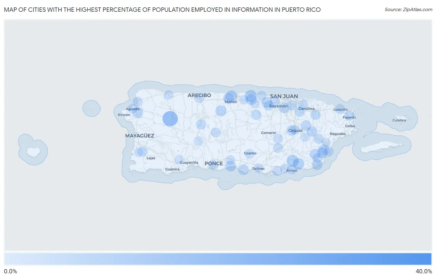 Cities with the Highest Percentage of Population Employed in Information in Puerto Rico Map