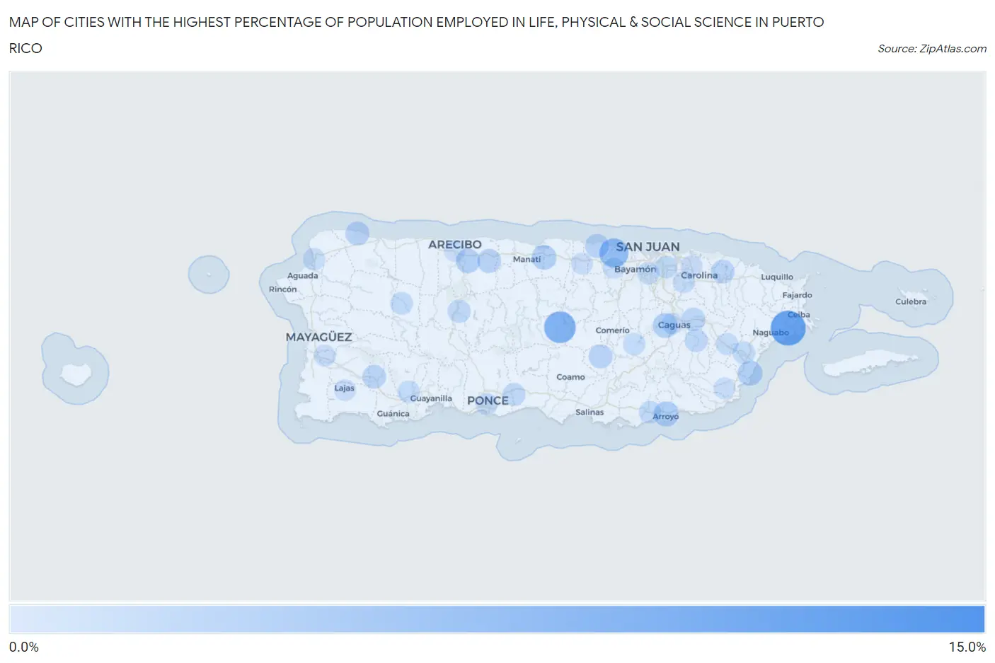 Cities with the Highest Percentage of Population Employed in Life, Physical & Social Science in Puerto Rico Map