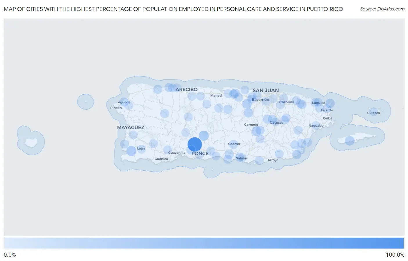Cities with the Highest Percentage of Population Employed in Personal Care and Service in Puerto Rico Map