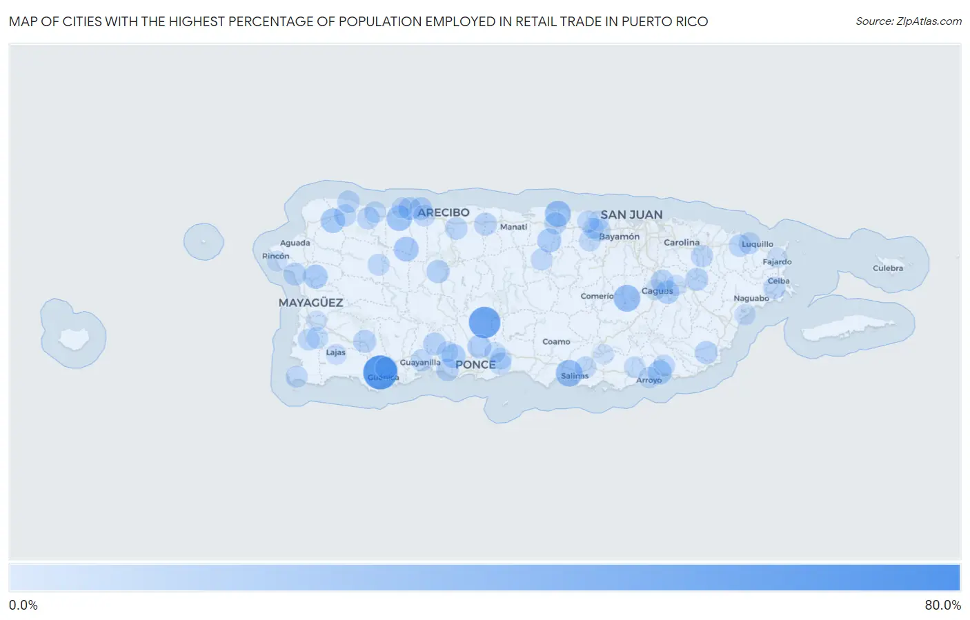 Cities with the Highest Percentage of Population Employed in Retail Trade in Puerto Rico Map
