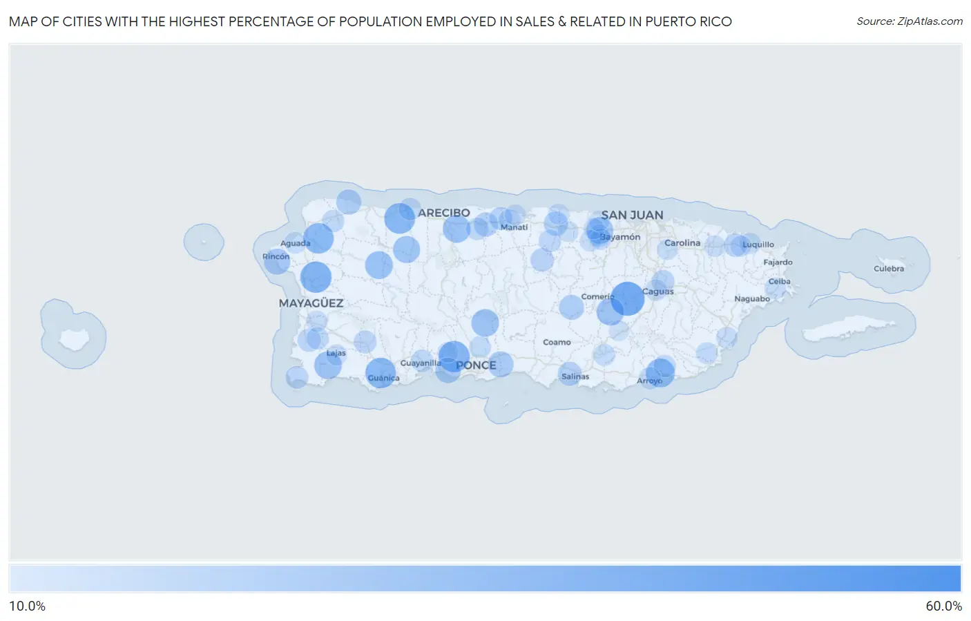 Cities with the Highest Percentage of Population Employed in Sales & Related in Puerto Rico Map