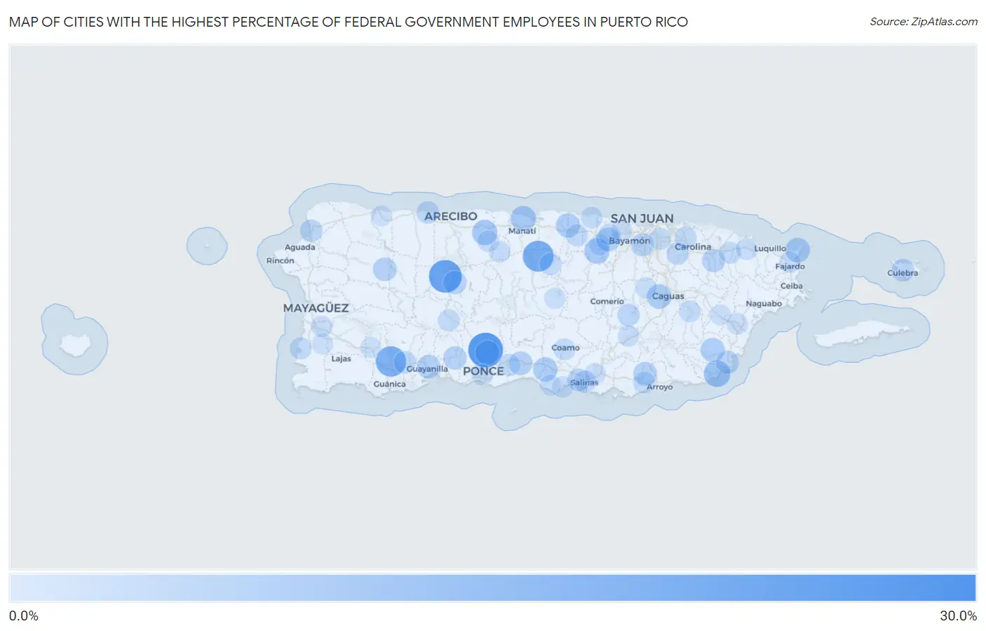 Cities with the Highest Percentage of Federal Government Employees in Puerto Rico Map